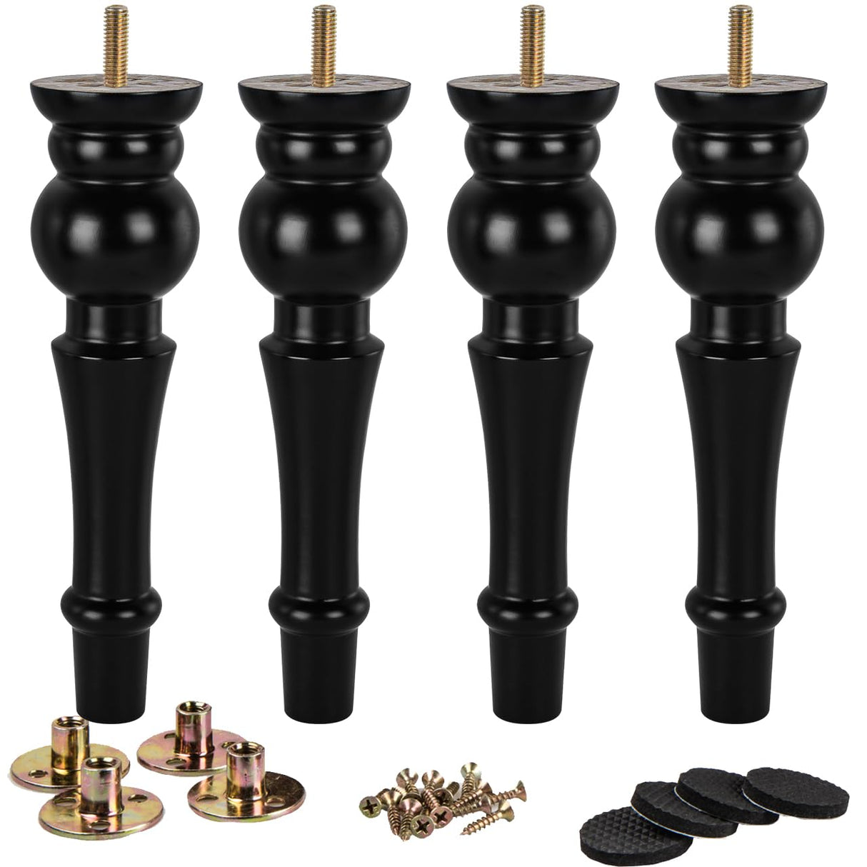La Vane 11 inch / 28cm Wooden Furniture Legs, 4PCS Soild Wood Turned Spindle Black Replacement Spool Feet with Pre-Drilled M8 Inch Bolt & Mounting Plate for Couch Sofa Armchair Dresser Chest La Vane