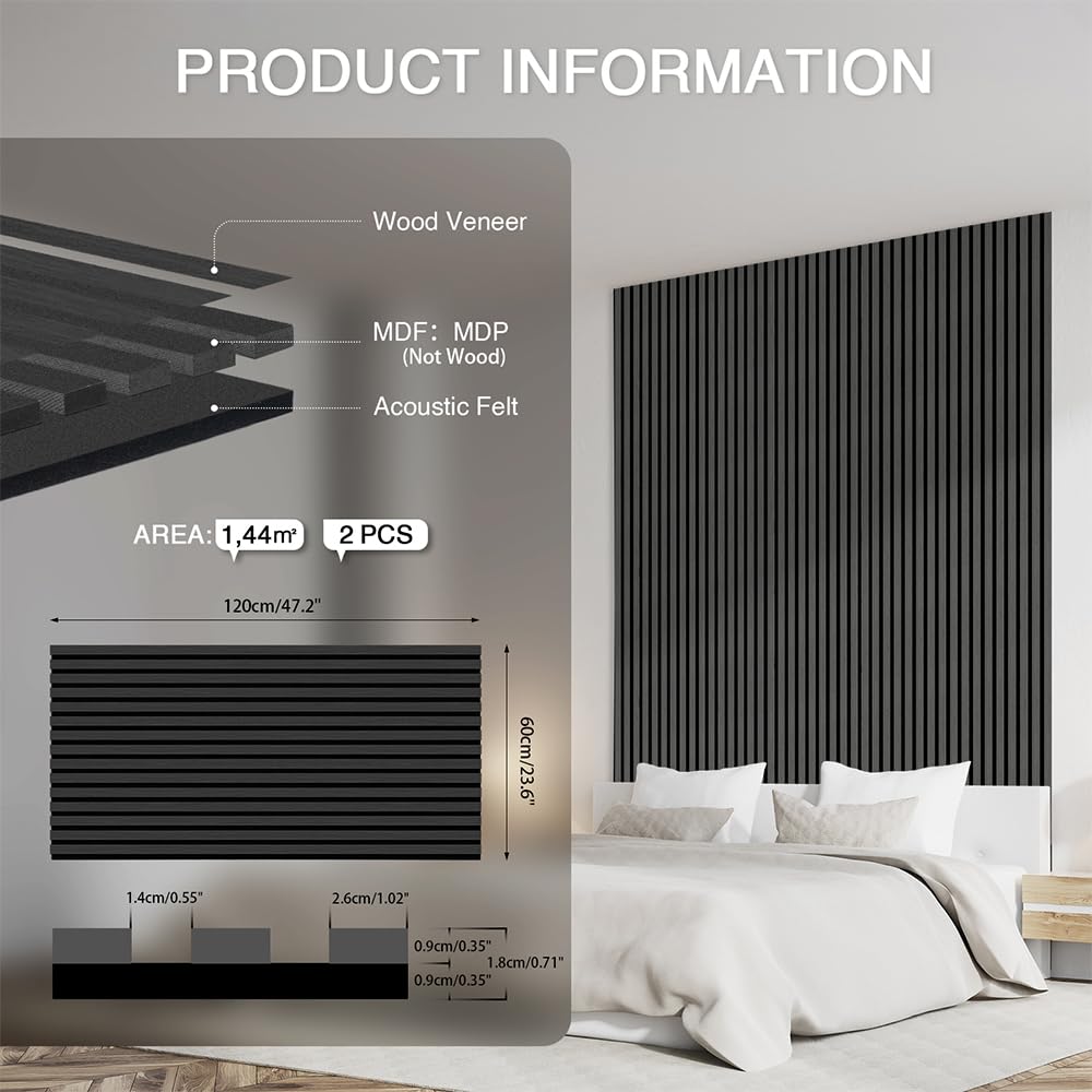 AKK-ART 2-Pack Wood Slat Wall Panel 47.2"x23.6"(15.5 sq ft)|Soundproof & Acoustic Wall Panels for Interior Decor & Ceiling|Wood Paneling Sheets for Home Theater & Living Room Mirage Black#22 AKK-ART