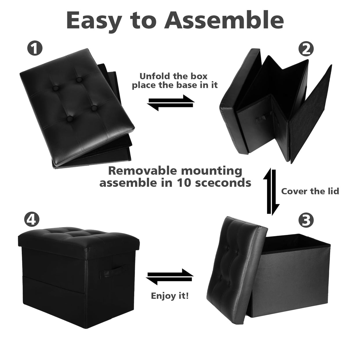 BelugaHelper Storage Ottoman Foot Rest Stool with Thicker Foam Padded Seat. Foldable Leather Footstool Bench. Small Ottoman with Storage for Living Room Bedroom Coffee Table 350 lbs, 17x13x13in, Black BelugaHelper