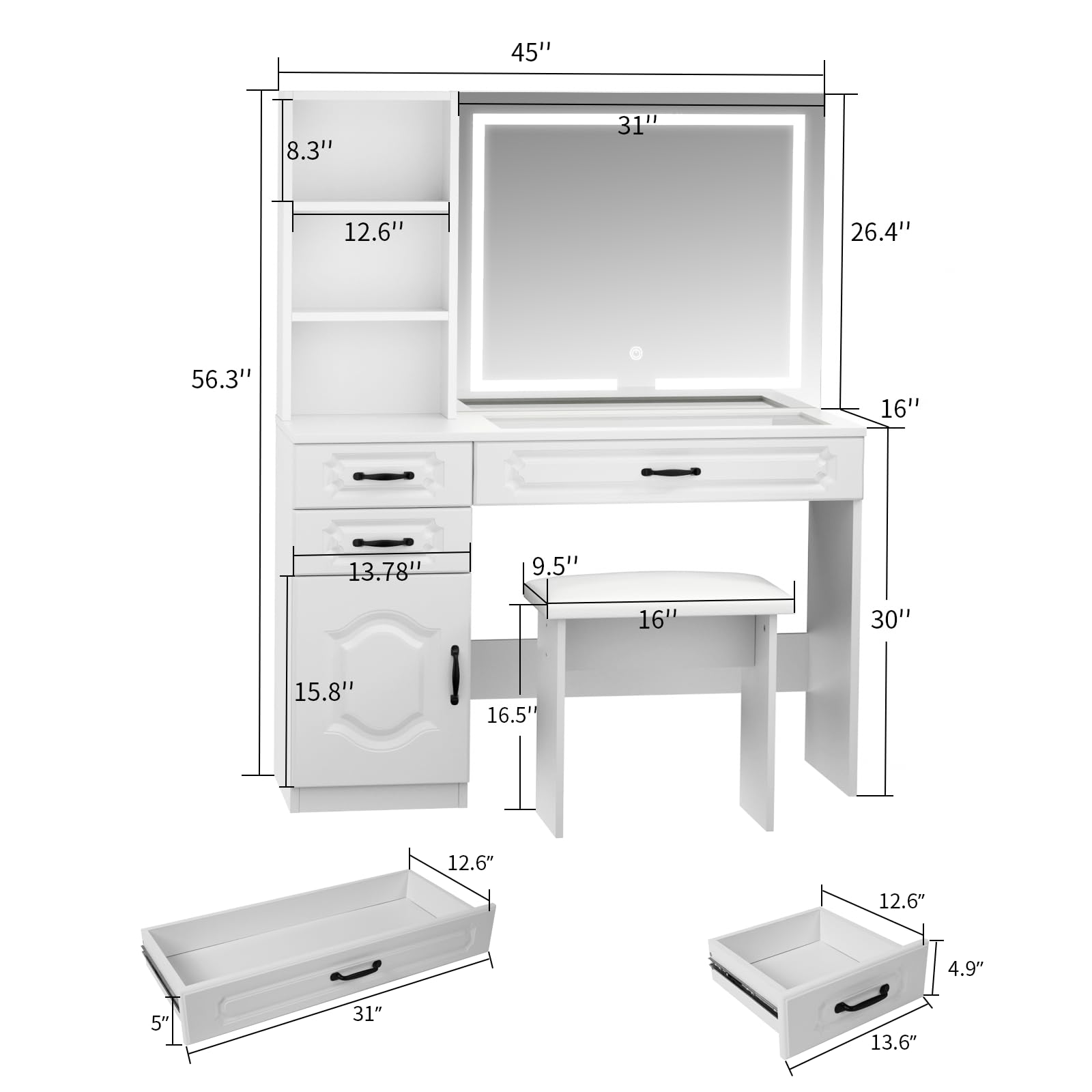 VOWNER Vanity with Lighted Mirror - Makeup Vanity Desk with Glass Top, Power Strip, Drawers and Shelves, 3 Color Lighting Modes Adjustable Brightness, Vanity Table with Cushioned Stool, 45''  - WoodArtSupply