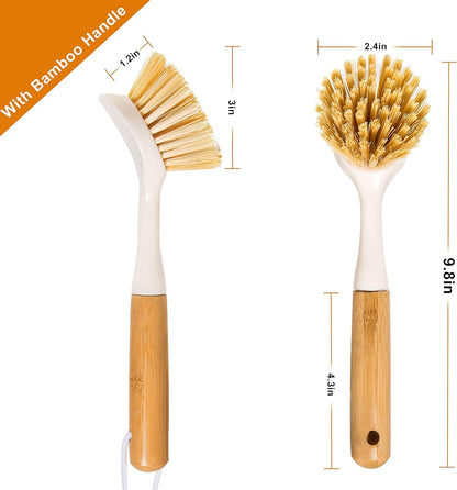 FunCee 2 Pack Kitchen Dish Brushes with Bamboo Handle, Dish Scrubber Built-in Scraper, Scrub Brush for Pans, Pots, Counter & Kitchen Sink Cleaning, Dishwashing and Cleaning Brush Tools, White