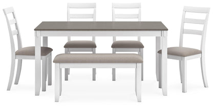 Signature Design by Ashley Stonehollow Modern Farmhouse Dining Table with Upholstered Chairs and Bench, Set of 6, 60"W x 36"D x 30"H, White & Gray - WoodArtSupply