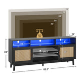 UPOSOJA TV Stand for 75 Inch TV Rattan TV Cabinet with Adjustable Shelf Storage, Modern LED Entertainment Center, Boho Media TV Console, Media TV Stands for Living Room Bedroom (Black) UPOSOJA