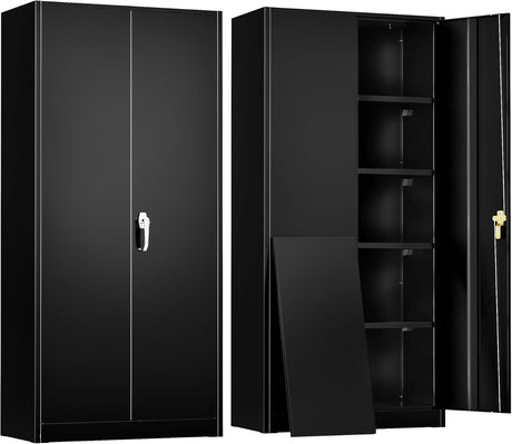 Greenvelly Metal Storage Cabinet with Lock,71" Metal Garage Cabinet with 2 Doors and 4 Adjustable Shelves,Lockable Storage Organization, Steel Tool Cabinets for Office,Home,Garage,Gym,School (Black) Greenvelly