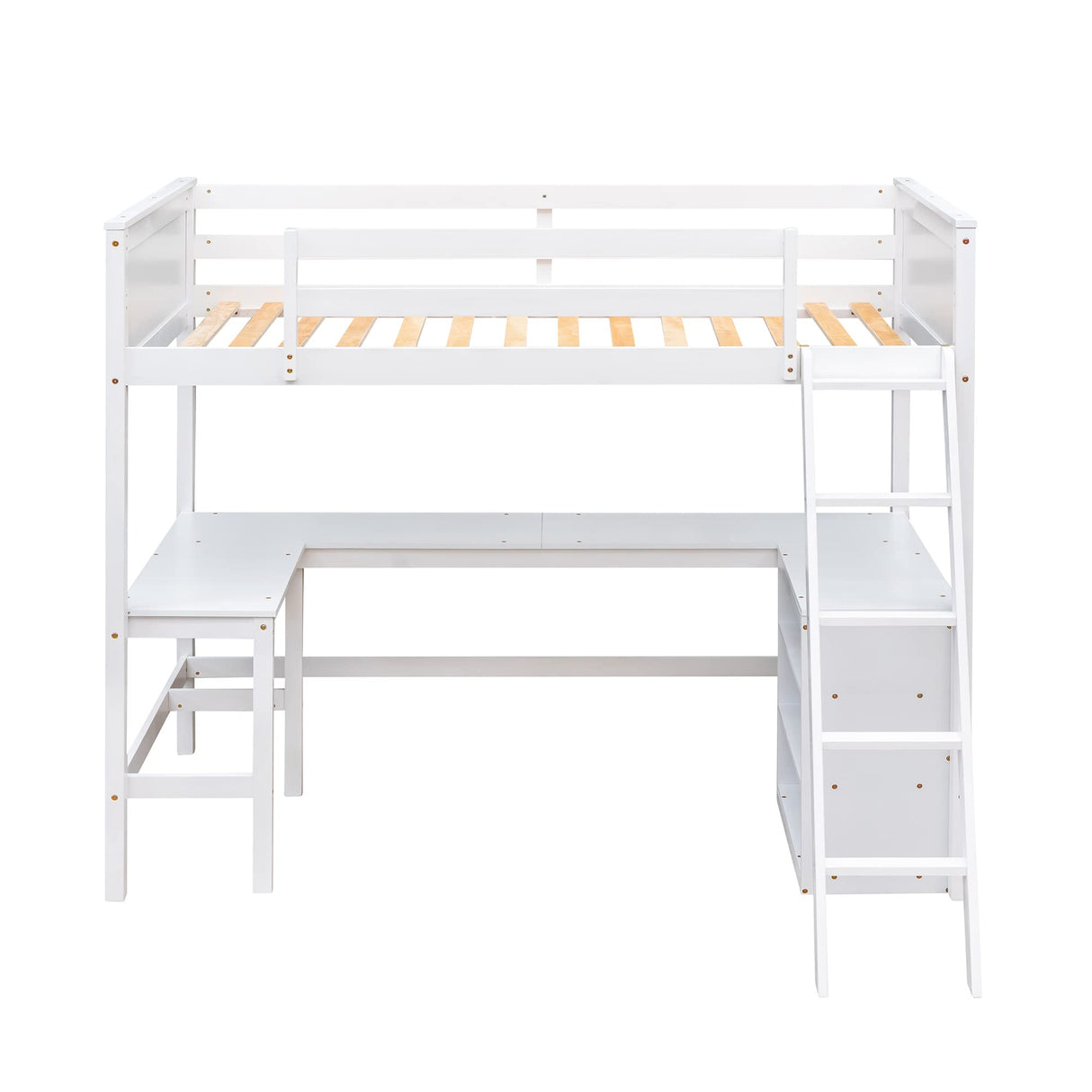 Ball & Cast Twin Size Loft Bed with Full-Length Guard Rail and Storage Shelves,Wood Bedframe w/Ladder & U Shape Desk,Slat Support,Space Saving,Bedroom Furniture for Student Dorms,Studio,White Ball & Cast