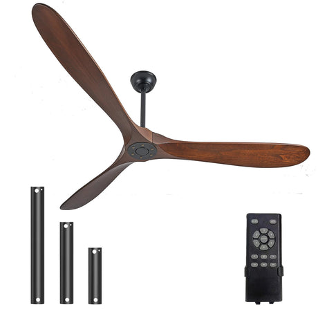 72" Ceiling Fans Without Lights, 72 Inch Outdoor Ceiling Fans no Lights, 3 Blade Solid Wood Damp Rated Ceiling Fan with Remote Control for Living Room Gazebo Farmhouse/Patios Porch - Dark Walnut Zronon