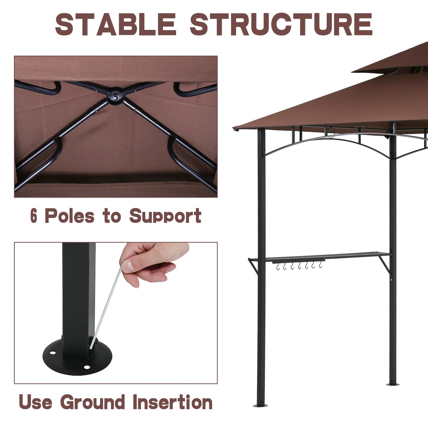 8' X 5' Outdoor Grill Gazebo BBQ Canopy Tent with Two Shelfs and Hook, Steel Frame Party Gazebo Pergola for Garden Deck Backyard Lawn Poolside Porch Balcony Camping, Brown - WoodArtSupply