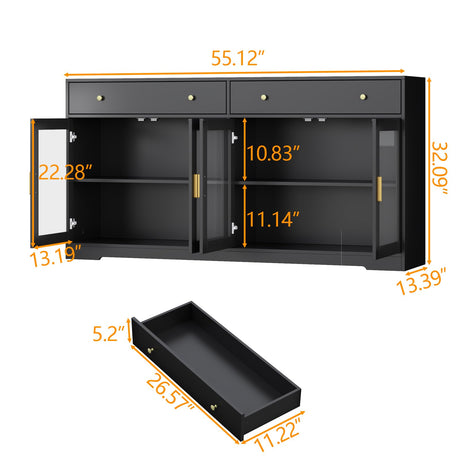 Sideboard Buffet Cabinet with LED Lights, 55.1 Storage Cabinet with 2 Large Drawers & 4 Glass Doors, Modern Kitchen Display Cabinet with Adjustable Shelves, Coffee Bar for Kitchen Living Room (Black) Gyfimoie