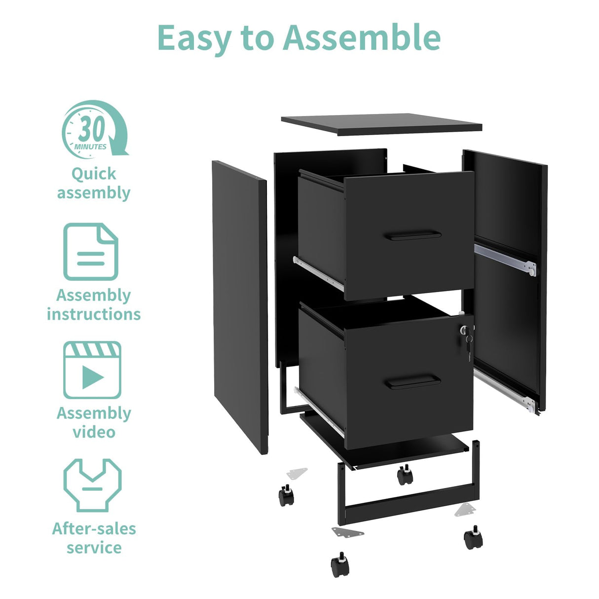 AQY 2 Drawer Mobile File Cabinet with Lock, Rolling Metal Filing Cabinet for Home Office, Vertical File Cabinet on Wheels, Small Black File Storage Cabinets for Legal/Letter/A4 Files Assembly Require AQY
