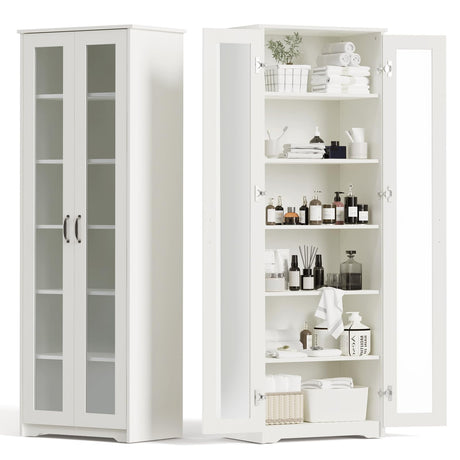 Teekyooly 70" Tall Display Cabinet Storage, Pantry Cabinet with 2 Doors and 6 Adjustable Shelves, Standing Utility Cabinet for Dining Room, Food Storage and Kitchen, Clear and White Teekyooly
