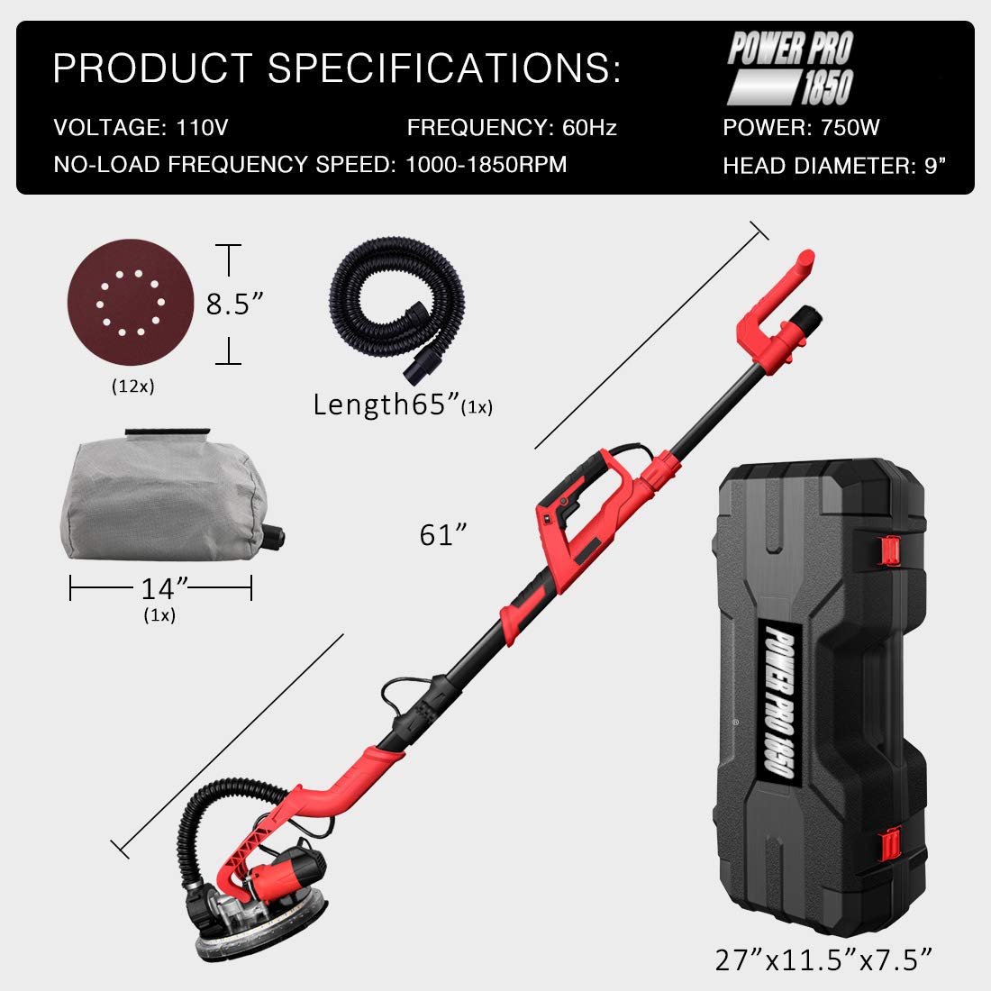 POWER PRO 1850 Electric Drywall Sander - Variable Speed 1000-1850rpm, 750 Watts, with Automatic Vacuum System, LED Light, and Tool Case (1850) Power Pro 2100
