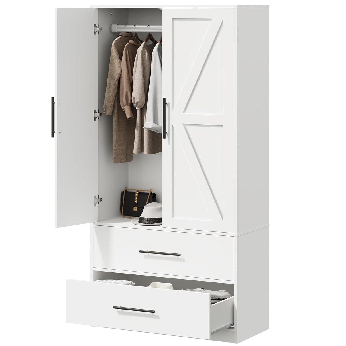 HOOBRO Armoire Wardrobe Closet with 2 Drawers, 70.9" Tall Wardrobe Cabinet with Hanging Rod, 2 Doors Bedroom Armoires, Farmhouse Clothing Storage Cabinet, Wooden Armoire for Bedroom, White HOOBRO