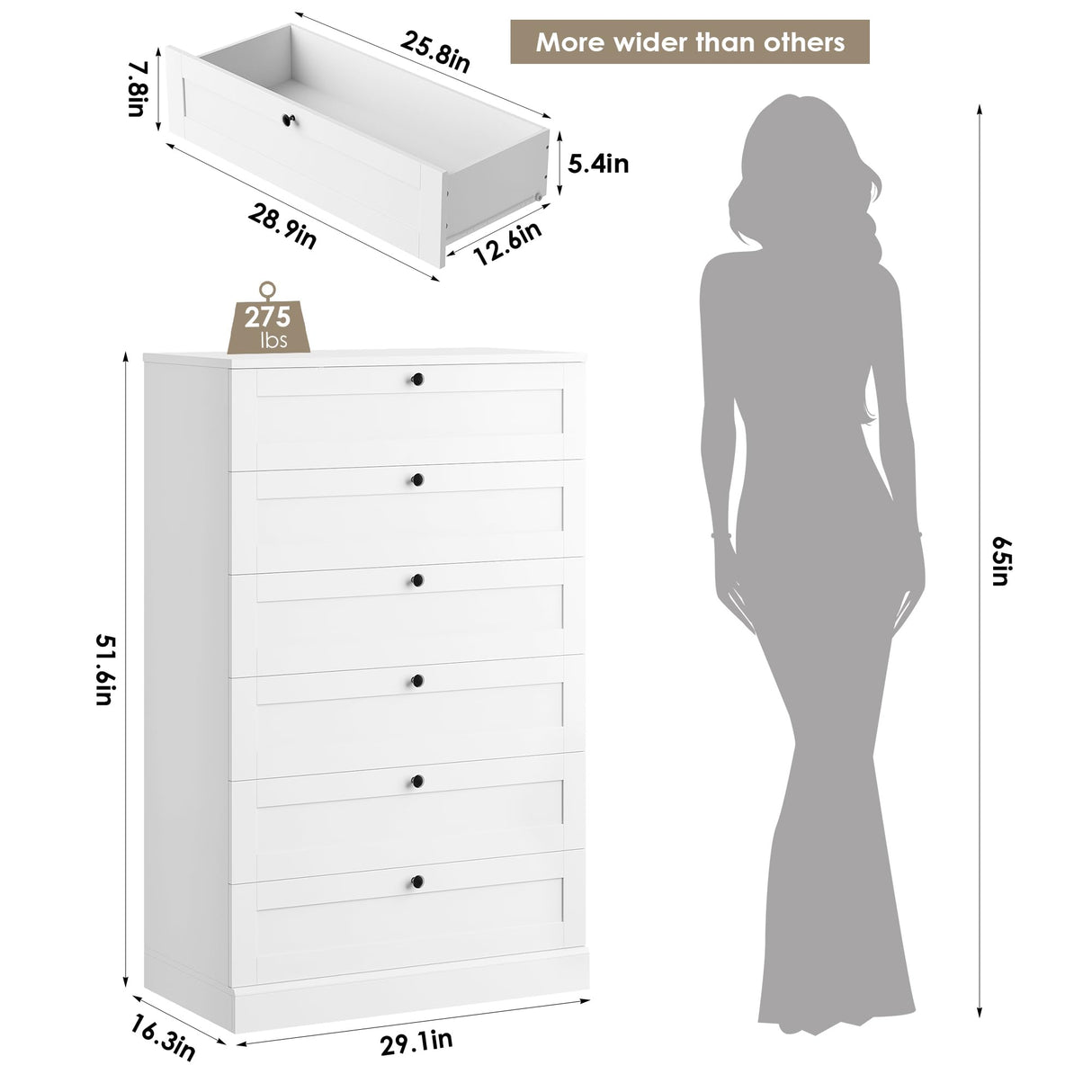 HOSTACK White 6 Drawer Dresser for Bedroom, 52" Tall Dresser & Chest of Drawers, 29" W Wood Drawer Chest, Modern Vertical Storage Cabinet for Living Room, Entryway, Hallway HOSTACK