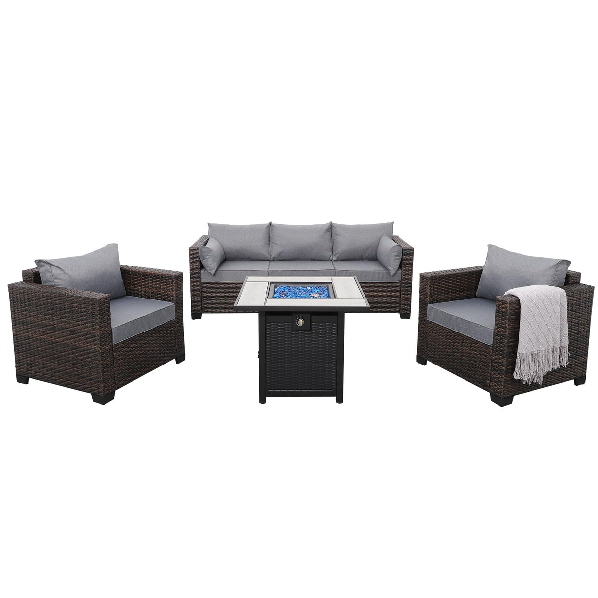 Valita Patio Rattan Furniture Set 4-Piece Outdoor PE Wicker Conversation Couch, Brown Sectional Sofa Couch with 50,000BTU Adjustable Fire Pit Table Non-Slip and Washable Gray Cushions Valita