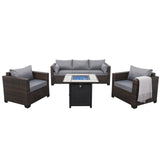 Valita Patio Rattan Furniture Set 4-Piece Outdoor PE Wicker Conversation Couch, Brown Sectional Sofa Couch with 50,000BTU Adjustable Fire Pit Table Non-Slip and Washable Gray Cushions Valita
