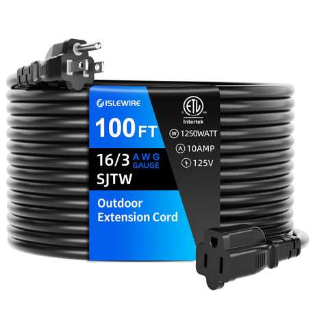 islewire 100 FT Outdoor Extension Cord Waterproof, Black, 3-Prong Power Cord, 16 AWG SJTW, 10A 1250W, Grounded, General Purpose Long Extension Cord for Lawn & Garden, ETL Listed islewire