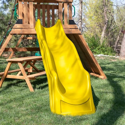 Backyard Discovery Endeavor II All Cedar Wood Swing Set Playset for Backyard with Yellow Wave Slide Climbing Wall with Rope Picnic Table Double Wide Rock Wall 2 Belt Swings and 1 Web Swing Gift