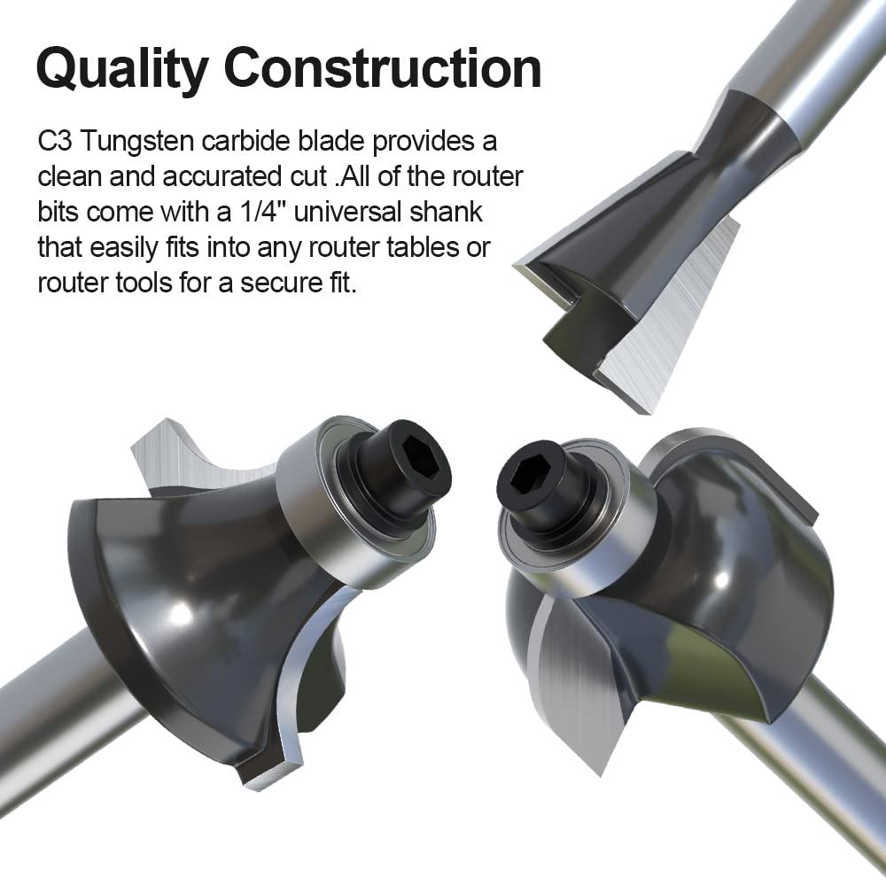 Fivepears 12 Pieces Tungsten Carbide Router Bit Set 1/4 Inch Shank for Beginners Woodworking, Include Straight, Dovetail, Chamfer, Cove, Flush Trim, Round Over, 90 V Grooving, Raised Panel Router Bit FIVEPEARS