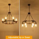NSRCE 28 Inch Wagon Wheel Chandelier with Glass Shade, 6-Light Round Farmhouse Pendant Light Fixture for Dining Room Kitchen Foyer Entryways, Black Metal and Wood Finish NSRCE