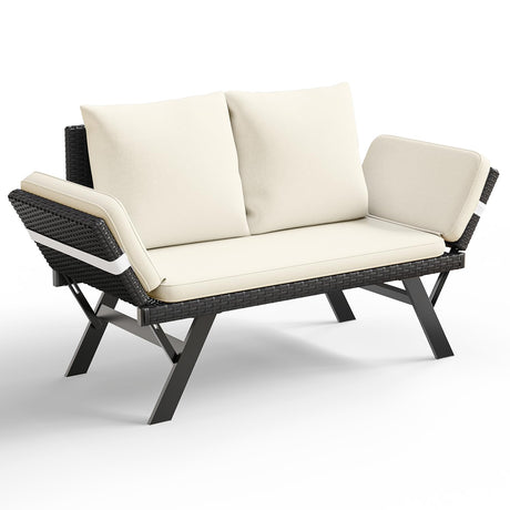 TAVATA Outdoor Patio Sofa, Woven Rattan Patio Loveseat with Adjustable Armrests & Removable Cushions, Convertible Daybed Couch with 2 Pillows for Patio, Porch, Poolside (Beige) TAVATA