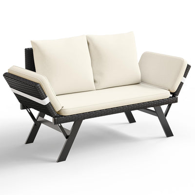 TAVATA Outdoor Patio Sofa, Woven Rattan Patio Loveseat with Adjustable Armrests & Removable Cushions, Convertible Daybed Couch with 2 Pillows for Patio, Porch, Poolside (Beige)