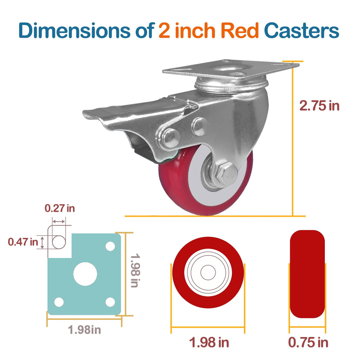 ABSLIMUS 2 inch Casters Load 800lbs, Set of 4 with Brake, Advanced Polyurethane (PU) Floor Protection, Noise-Free 360 Degree Swivel Plate Heavy Duty Caster Wheels (Free 16 Screws and a Screwdriver) ABSLIMUS