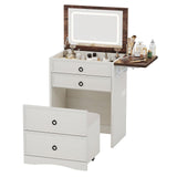 LUXOAK 3-in-1 Vanity Set with LED Lighted Flip Top Mirror, Makeup Table with Fold-Up Panel, Hidden Stool, Charging Station, Small Vanity for Bedroom & Dressing Room, Rustic White LUXOAK