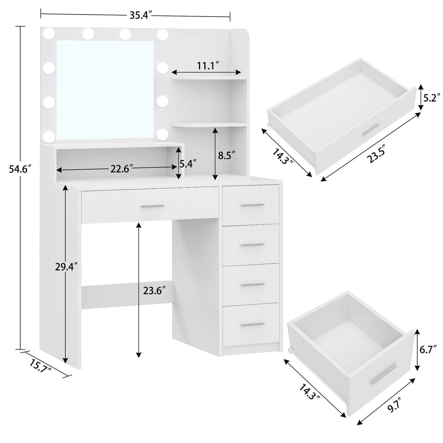 Quimoo Makeup Vanity Desk with Mirror & Lights, Vanity Desk with 5 Drawers & Storage Shelves, Vanity Table, 3 Color Modes & Adjustable Brightness Dressing Table, Bedroom - WoodArtSupply