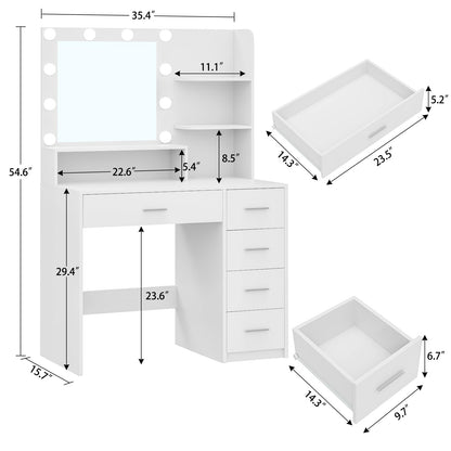 Quimoo Makeup Vanity Desk with Mirror & Lights, Vanity Desk with 5 Drawers & Storage Shelves, Vanity Table, 3 Color Modes & Adjustable Brightness Dressing Table, Bedroom - WoodArtSupply