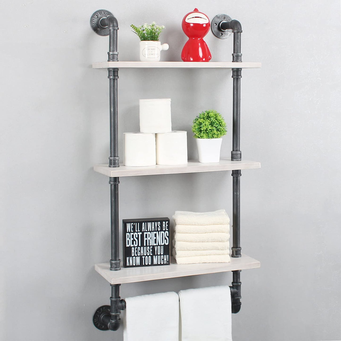 Industrial Pipe Shelf Bathroom Shelves Wall Mounted,19.6in Rustic Wood Shelf with Towel Bar,3 Tier Farmhouse Towel Rack Over Toilet,Pipe Shelving Floating Shelves Towel Holder,Retro White