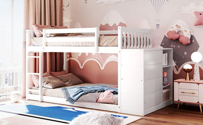 Harper & Bright Designs Twin Over Twin Bunk Bed with Storage, Wood Floor Bunk Beds with 4 Drawers and 3 Shelves, Low Bunk Bed, Twin Loft Bed for Kids, Girls Boys, Teens, Adults (White)