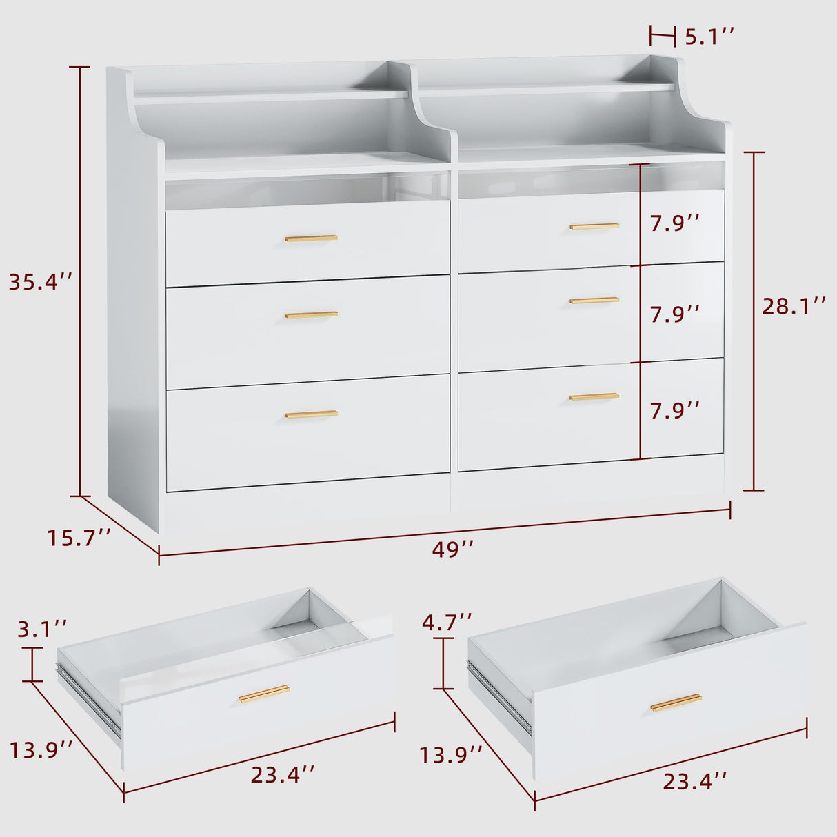 HUAHUU 6 Drawer Dresser for Bedroom, 49''W White Dresser with LED Light, Chest of Drawers with Open Shelf Storage, Double Wide Modern Dresser Organizer for Room, Entryway, Hallway HUAHUU