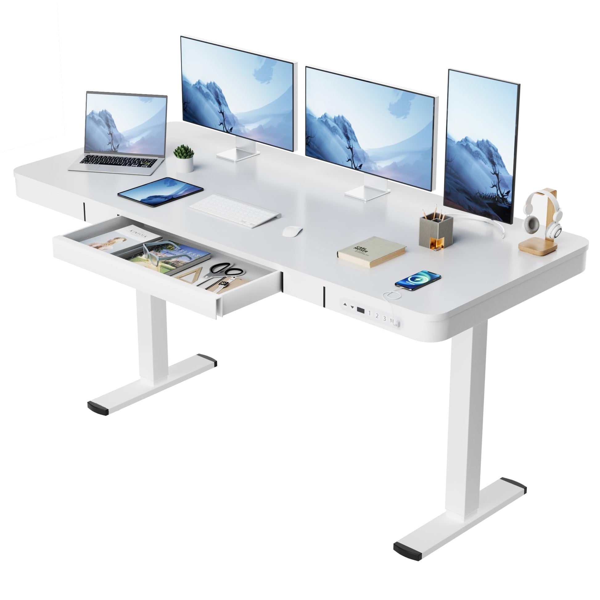 Furmax Electric Standing Desk with Drawer 55 x 24 Inch Adjustable Height Stand up Desk Home Office Computer Desk with USB Ports, White - WoodArtSupply