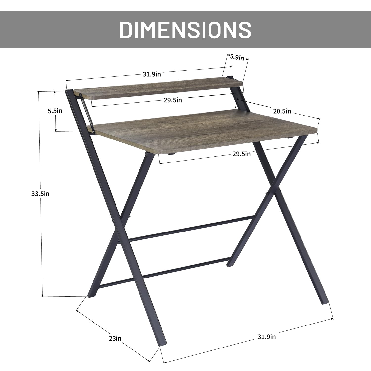 Folding Desk 2-Tier Foldable Table Space Saving Computer Table Writing Workstation for Home Office with Metal Frames/Wood Top Laptop, No Assembly Required, Rustic Brown, 31.9(L) x 20.5(D) x 3 - WoodArtSupply