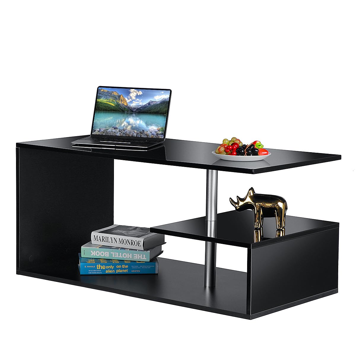 HOMMPA LED Coffee Tables for Living Room Modern Coffee Table with S-Shaped 3 Tiers Open Storage Shelf High Gloss Black Center Sofa Tea Table with LED Lights for Home Office Furniture HOMMPA