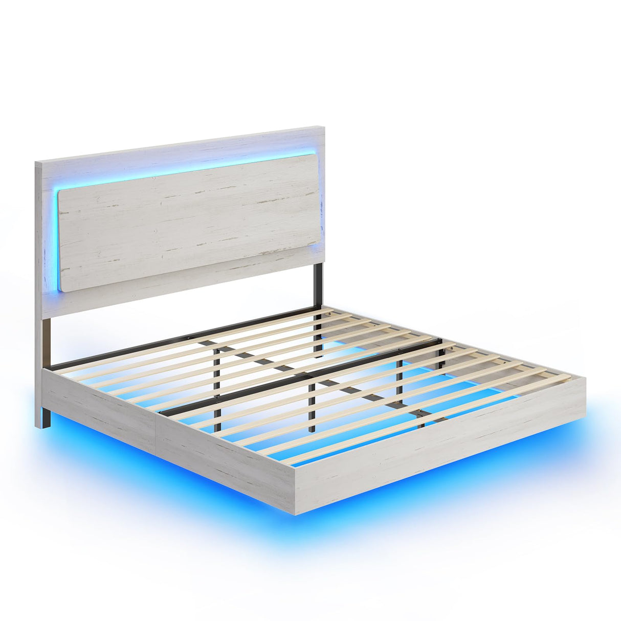 AMERLIFE Distressed White Queen Bed Frame with Floating Design, Reclining Headboard, and Versatile LED Lighting AMERLIFE