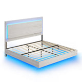 AMERLIFE Distressed White Queen Bed Frame with Floating Design, Reclining Headboard, and Versatile LED Lighting AMERLIFE
