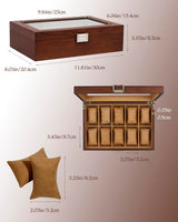 GUKA Watch Box, 10 Slot Watch Case with Real Glass Lid, Wood Watch Display Case with Cloth Watch Pillow, Watch Storage Box for Men and Women, Brown GUKA