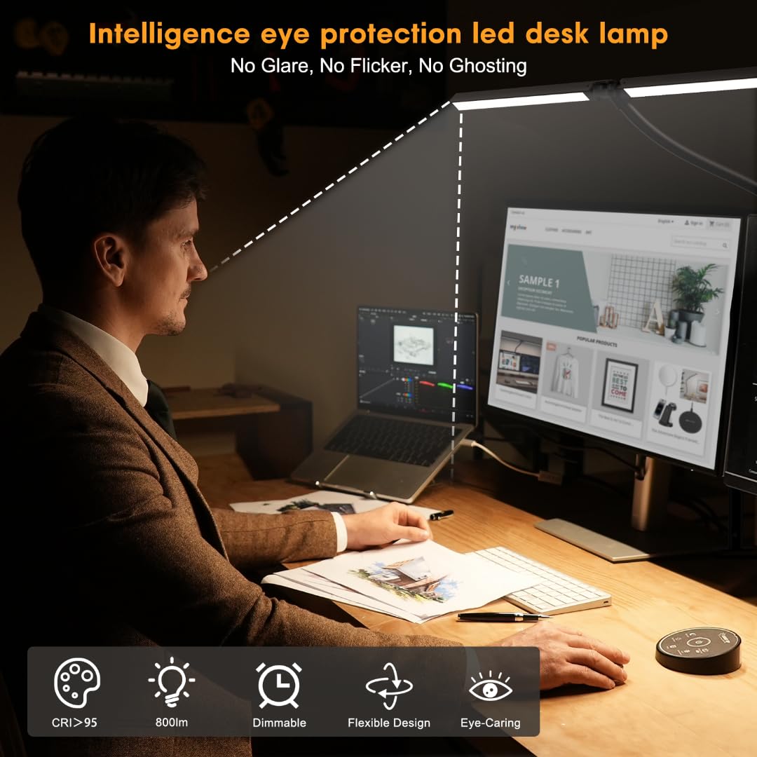 Led Desk Lamp for Office Home - Eye Caring Architect lamp with Clamp,Dual Screen Computer Monitor Gooseneck Smart Light: 24W 5 Color Flexible Adjustable Lighting Table Lamp for Study Drafting Pzloz