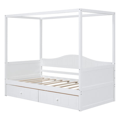 Bellemave Twin Size Canopy Daybed with 2 Drawer,Wood Canopy Bed Frame,4 Poster Bed for Kids,Teens, Adults,Space Saving,White