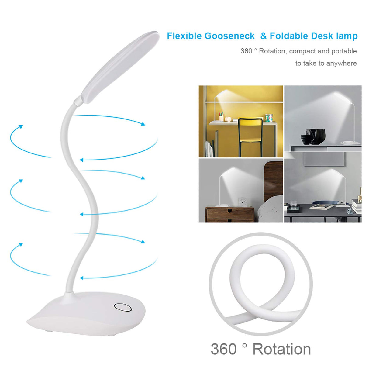 DEEPLITE LED Desk Lamp with Flexible Gooseneck 3 Level Brightness, Battery Operated Table Lamp 5W Touch Control,Compact Portable lamp for Dorm Study Office Bedroom,Eye-Caring and Energy Saving DEEPLITE
