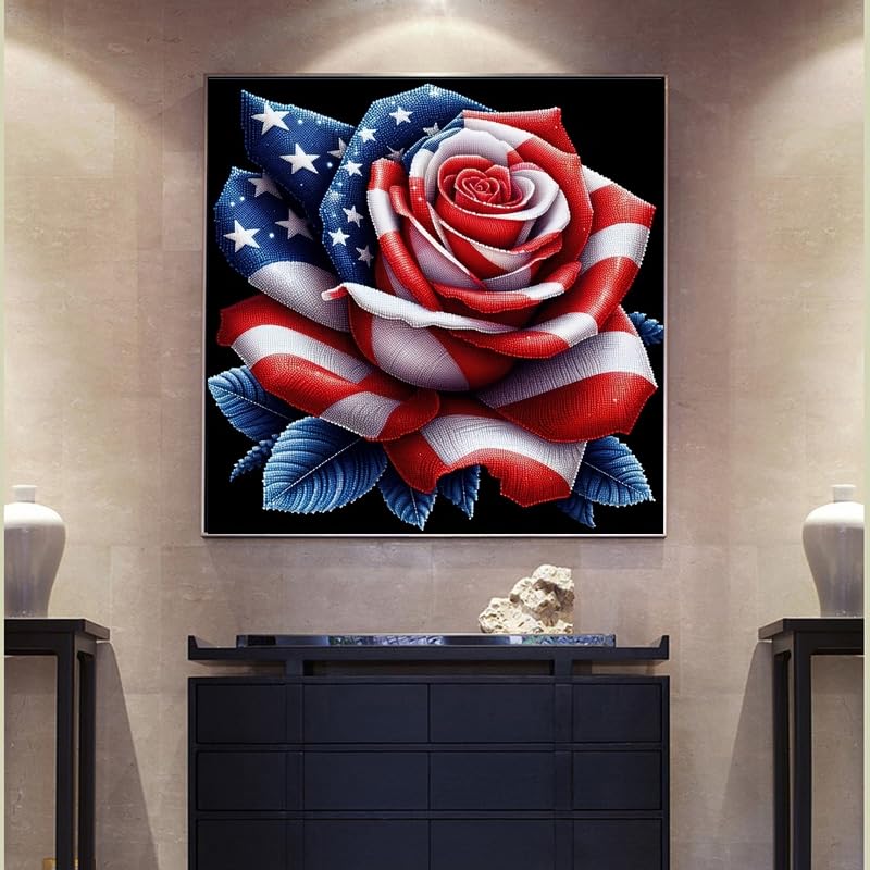 GXGLLPZBY 5D Diamond Painting Kits for Beginners, DIY America Flag Rose Diamond Art Kits for Adult, Full Round Diamond Dot Gem Art Kits, Home Wall Decoration 13.8x13.8 Inches GXGLLPZBY