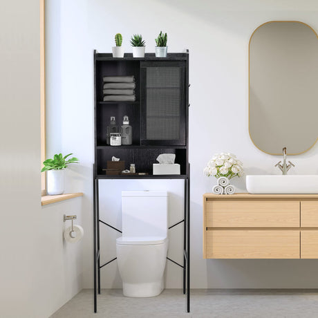 SUNTAGE Over Toilet Storage Cabinet for Bathroom, Over Toilet Shelf Organizer, Freestanding Space Saver with Adjustable Shelves, Wide Open Shelf, Acrylic Sliding Door, Metal Frame, Black SUNTAGE