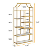 Loomie 8-Open Shelf Bookshelf, 70.87" H x 31.5" L Lux Etagere, Tempered Glass Bookcase, Tall Storage Display Modern Open Book Case for Bedroom, Home Office & Living Room, Gold Finish & Glass Shelving Loomie