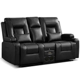 URRED Manual Reclining Loveseat Sofa with Console, Double Recliner RV Couch with Bluetooth Speakers, USB & Power Outlet, Cup Holders, Pillow and Side Pocket, for Home Theater, Faux Leather, Black URRED