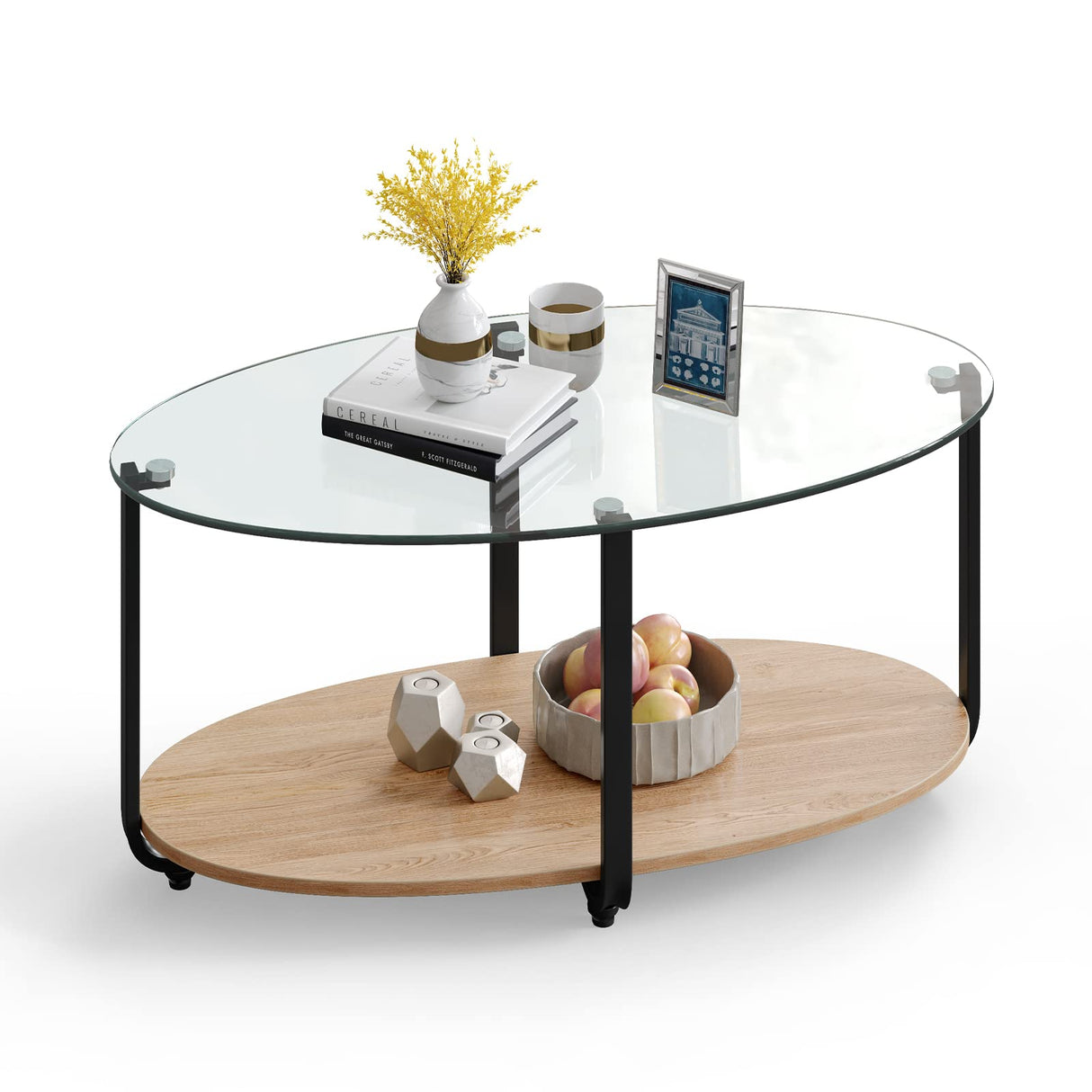Tangkula Glass Coffee Table, 2 Tier Oval Tea Table with Tempered Glass Tabletop and Wooden Shelf, Modern Glass Sofa Center Table for Home Office, Metal Legs, Home Decor Accent Cocktail Table Tangkula