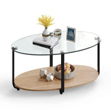 Tangkula Glass Coffee Table, 2 Tier Oval Tea Table with Tempered Glass Tabletop and Wooden Shelf, Modern Glass Sofa Center Table for Home Office, Metal Legs, Home Decor Accent Cocktail Table Tangkula