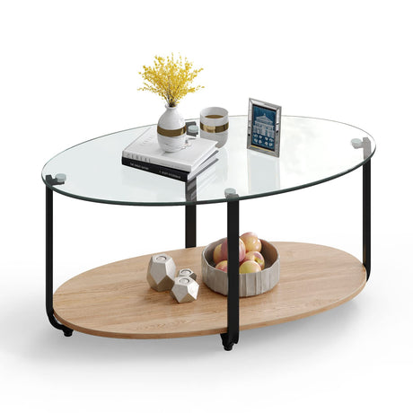Tangkula Glass Coffee Table, 2 Tier Oval Tea Table with Tempered Glass Tabletop and Wooden Shelf, Modern Glass Sofa Center Table for Home Office, Metal Legs, Home Decor Accent Cocktail Table Tangkula