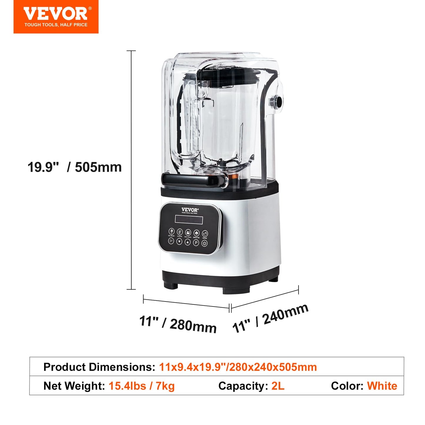 VEVOR Professional Blender with Shield, Commercial Countertop Blenders, 68 oz Jar Blender Combo, Stainless Steel 9 Speed & 5 Functions Blender, for Shakes, Smoothies, Peree, and Crush Ice, White