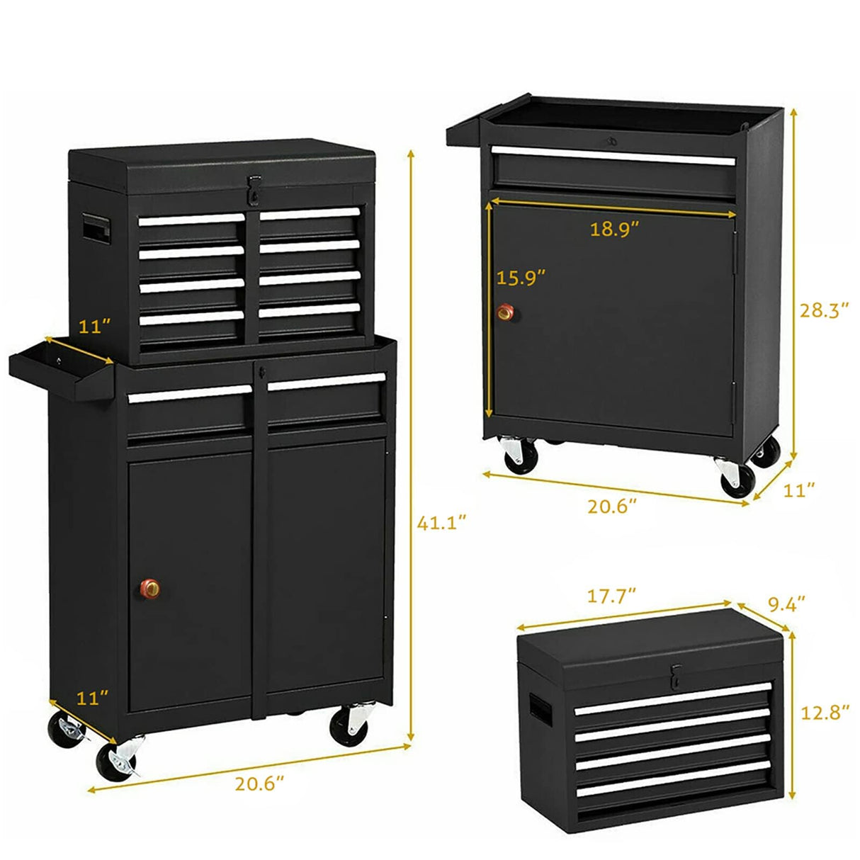 Gornoxblif 5-Drawers Black Tool Chest, 2-in-1 Mechanic Rolling Tool Box Removable Lockable Tool Storage Cabinet, Metal Tool Cart with Drawers and Wheels for Garage, Workshop Gornoxblif